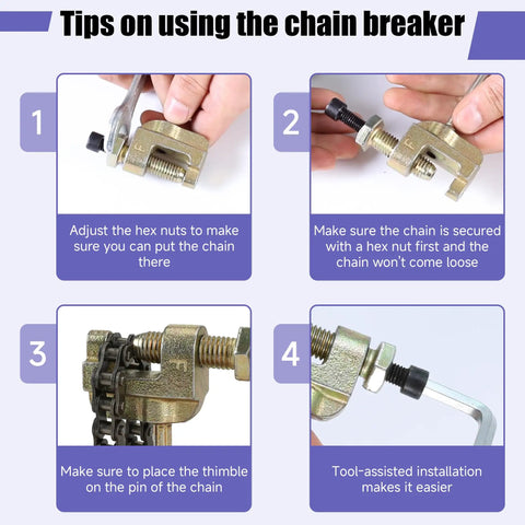 Instructions for using chain breaker tool included in 35 Roller Chain Kit With 95 Links And Chain Breaker For Go Karts Mini Bikes Dirt Bikes