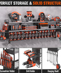 Two Pack Heavy Duty Power Tool Organizer Wall Mount With 18 Drill Holders And 600 Lbs Capacity Three Layer Garage Storage Rack For Cordless Tools Workshop Organization In Black mounted on wall holding tools.