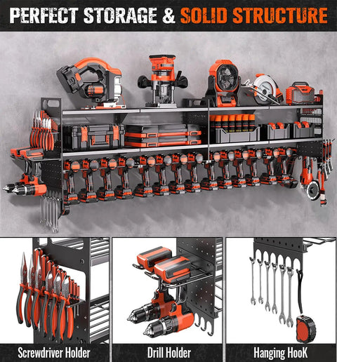 Two Pack Heavy Duty Power Tool Organizer Wall Mount With 18 Drill Holders And 600 Lbs Capacity Three Layer Garage Storage Rack For Cordless Tools Workshop Organization In Black mounted on wall holding tools.