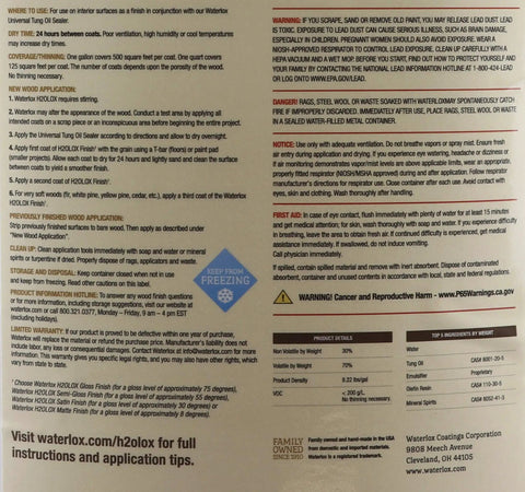Detailed product instructions and safety warnings for Water Based Satin Wood Finish For Cabinets Floors And Furniture Pro Grade Nontoxic When Dry Renewable Resource Formula 24 Hour Dry Time Between Coats Handcrafted In Ohio By A Fourth Generation Family Covers About 500 Sq Ft Per Gallon