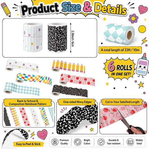 Six Back To School Bulletin Board Borders Set 198 Feet Total With 2.36 Inch Wide Rolls showing six colorful border designs.