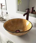 Amber Handmade Tempered Glass Round Vessel Bathroom Sink Set With Wooden Finish For Countertop Use Includes Oil Rubbed Bronze Single Handle Faucet And Pop Up Drain Makes Cleaning Easy And Adds Killer Style To Your Bath