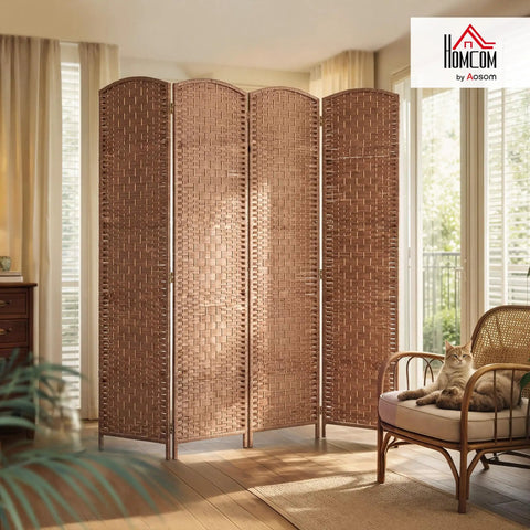 Four-Panel 6-Foot Tall Room Divider Freestanding Privacy Screen With Hand-Woven Paper Rope Diamond-Weave Natural Finish For Room Separation