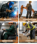 Collage of men working in welding, construction, warehouse, and logistics environments, highlighting various industrial job roles.