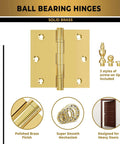 Beefy Heavy Duty Ball Bearing Solid Brass Door Hinges Set Of 24, 3.5 By 3.5 Inches, Non Lacquered Gold Finish With Decorative Tips