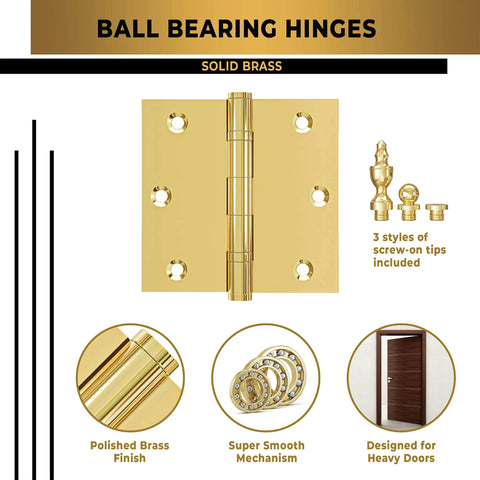 Beefy Heavy Duty Ball Bearing Solid Brass Door Hinge 3.5 x 3.5 Inches Polished Shiny Gold Finish With Decorative Screw On Tips Included Set of Four Hinges