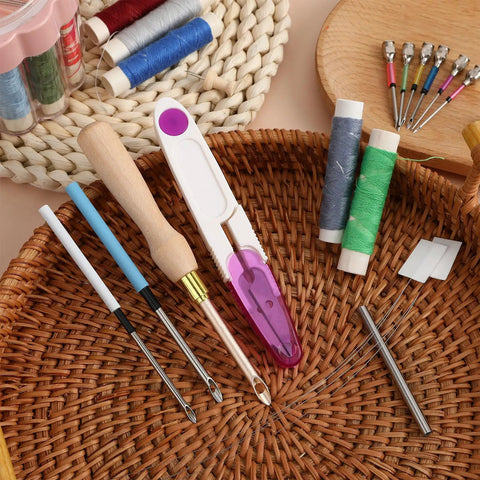 13 Piece Punch Needle Kit With Wooden Handle Adjustable Punch Needle Embroidery Tools Threaders Scissors And Stainless Pipe Handle