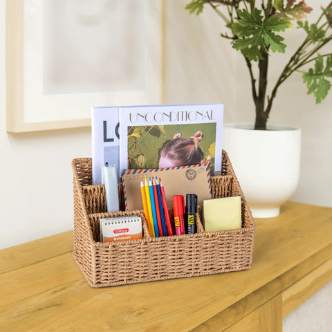 Rattan Desk Organizer With Five Slots Mail Holder And Caddy, Countertop Wicker Basket For Office Supplies on wooden table