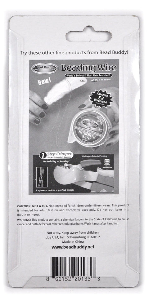 Back packaging view of Bead Buddy Beading Wire with instructions for crimping, featuring product details and barcode.
