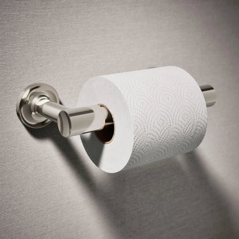 Purist Pivoting Toilet Paper Holder in Vibrant Polished Nickel with roll, slick durable metal bath accessory.