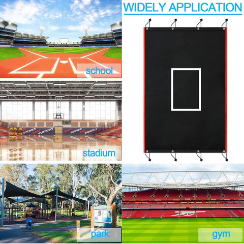 Heavy Duty Vinyl Backstop For Batting Cages 4 x 6 Feet Baseball And Softball Hitting And Pitching Backdrop Net Saver PVC Coated Backdrop For Backyard Practice displayed in various sports venues.