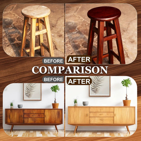 Before and after comparison of furniture refinished with Red Cherry Wood Stain Water Based Matte Finish Fast Drying Formula.