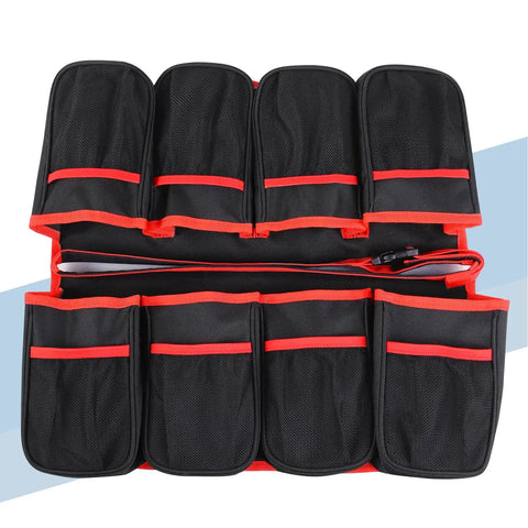 5 Gallon Bucket Tool Organizer And Wash Caddy With 16 Pockets, showing red-trimmed drainage mesh and large capacity pockets
