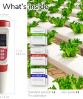4 In 1 PH TDS EC Meter For Hydroponics And Indoor Gardens Digital Water Tester shown with calibration solutions and lettuce plants