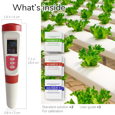 4 In 1 PH TDS EC Meter For Hydroponics And Indoor Gardens Digital Water Tester shown with calibration solutions and lettuce plants