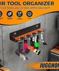Air Tool Wall Mount Rack With Five Slots, Lockable Pneumatic Tool Holder For Garage And Shop Organization, tools installed.