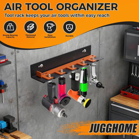 Air Tool Wall Mount Rack With Five Slots, Lockable Pneumatic Tool Holder For Garage And Shop Organization, tools installed.