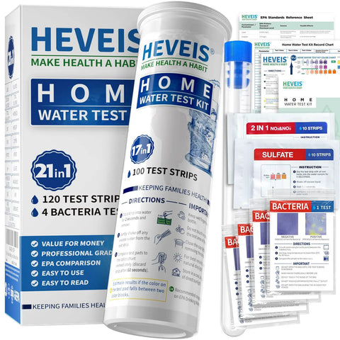 21 In 1 All In One Home Water Testing Kit With 120 Strips And 4 Bacteria Tests packaging and contents displayed