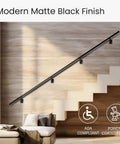 Heavy Duty Aluminum Stair Railing DIY Kit With Sweet Matte Black Coating And No Sweat Adjustable Wall Mount Brackets For Effortless Indoors Or Outdoors Upgrades Spanning Six Feet, modern matte black finish installed on a staircase.