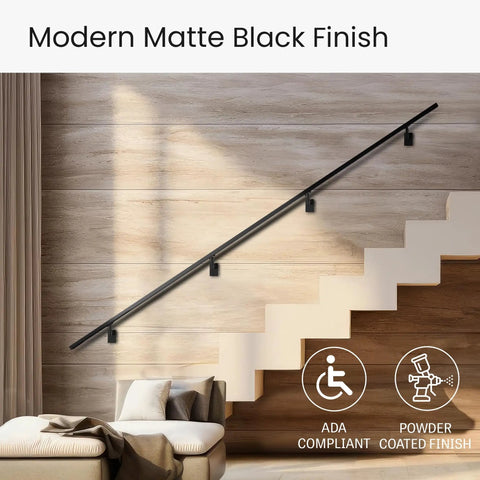 Heavy Duty Aluminum Stair Railing DIY Kit With Sweet Matte Black Coating And No Sweat Adjustable Wall Mount Brackets For Effortless Indoors Or Outdoors Upgrades Spanning Six Feet, modern matte black finish installed on a staircase.