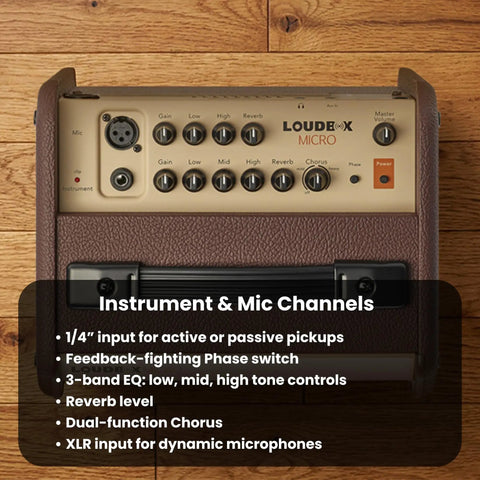 Loudbox Micro 40 Watt Acoustic Guitar Combo Amplifier Bundle top view showing controls and inputs for mic and instrument channels.