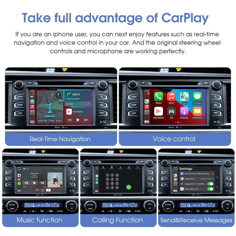 Toyota Wireless CarPlay Retrofit Kit for 2014-2019 models shown in four screens: real-time navigation, voice control, music, calls.