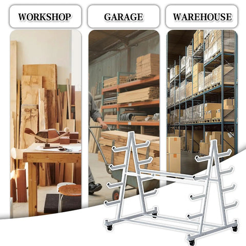 Beefy Mobile Conduit Cart for Lumber and Pipe Storage 1000 Lb Capacity shown in workshop, garage, and warehouse settings.