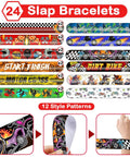 Dirt Bike Party Pack Featuring 24 Slap Bracelets And 24 Rubber Silicone Wristbands In 12 Ride Style Designs with vibrant patterns.
