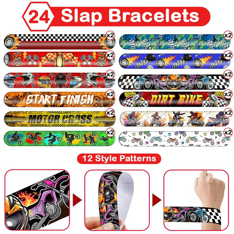 Dirt Bike Party Pack Featuring 24 Slap Bracelets And 24 Rubber Silicone Wristbands In 12 Ride Style Designs with vibrant patterns.