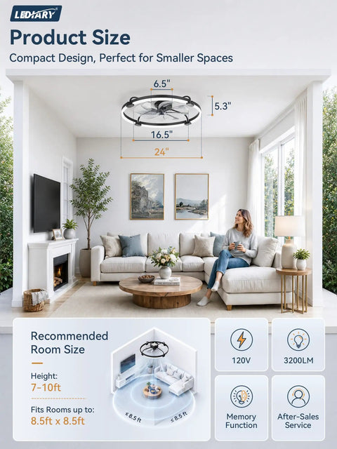 24 Inch Low Profile Ceiling Fan With Brushless Dc Motor And Smart App Remote in a spacious living room setting.