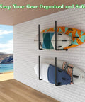 3 In 1 Overhead Garage Ceiling Rack For Paddleboards Surfboards And Kayaks Plus Wall Mount And Ladder Hanger installed on wall