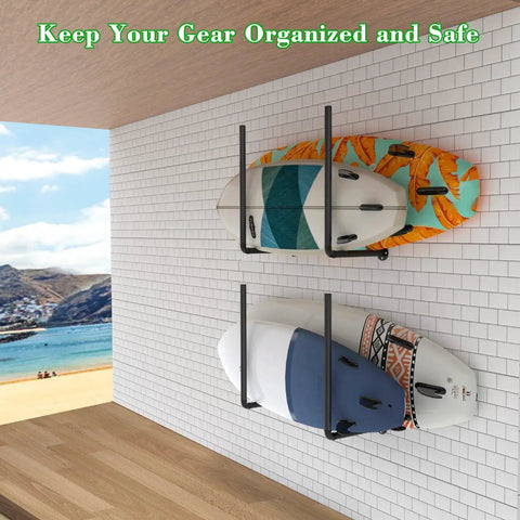 3 In 1 Overhead Garage Ceiling Rack For Paddleboards Surfboards And Kayaks Plus Wall Mount And Ladder Hanger installed on wall