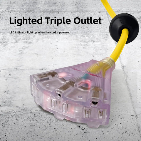 Lighted Triple Outlets of Heavy Duty Retractable Extension Cord Reel Rolls Up Crisp Saves Floor Space Delivers Serious Muscle.