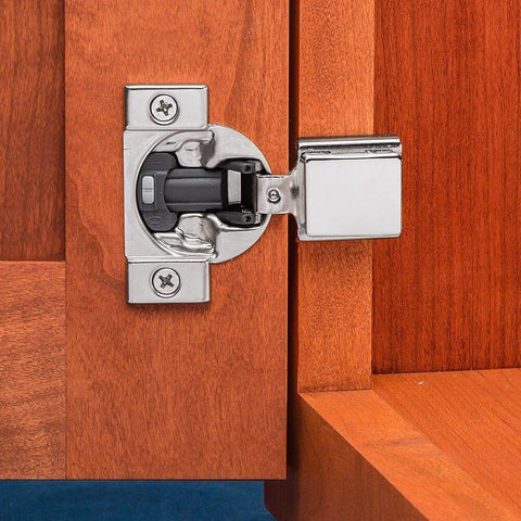 Compact Soft Close Overlay Hinge With Blumotion For Face Frame Cabinets Three Eighths Inch Two Pack Space Saving Cabinet Hardware By Blum Ideal For Flat Panel Doors Smooth Soft Close Action And Durable Steel Construction installed on cabinet