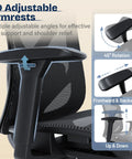 Close-up of ergonomic mesh office chair 3D armrest adjustments, showing 45-degree rotation, forward-backward, and up-down features.