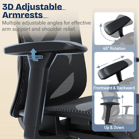 Close-up of ergonomic mesh office chair 3D armrest adjustments, showing 45-degree rotation, forward-backward, and up-down features.