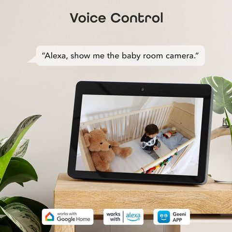 Smart display showing 1080P Indoor Security Camera With WiFi For Real Time HD Video, crib with toddler and teddy bear.