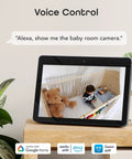 Tablet displaying a crib with baby, compatible with Alexa and Google Home for 1080P Indoor Security Camera Set, 2 Pack Full HD WiFi Surveillance Cams With 2 Way Audio, Motion Alerts, Night Vision, Real Time Streaming, Remote Access, Compatible With Alexa And Google Assistant.