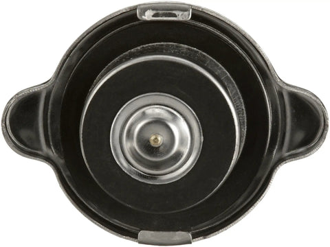 Top view of an OE Type Radiator Cap With Precise Pressure Control And Vacuum Relief Valve Easy Install No Adjustment Needed Basically Fits Any Car Or Light Truck Keeps Coolant In And Prevents Overpressure.