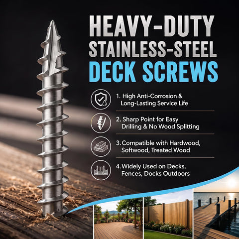 Heavy-Duty Stainless Steel Deck Screws with sharp point for easy drilling, ideal for outdoor construction and treated wood.
