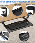 Under Desk Keyboard Tray That Slides Out Like A Boss Full Metal Build Rust Resistant And Scratch Proof Double C Clamps 26x13 Inch Tray For L Shape And Regular Desks Great For Standing Or Sitting Workstations Black showing detailed design features.