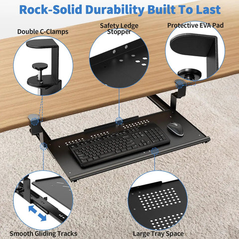 Under Desk Keyboard Tray That Slides Out Like A Boss Full Metal Build Rust Resistant And Scratch Proof Double C Clamps 26x13 Inch Tray For L Shape And Regular Desks Great For Standing Or Sitting Workstations Black showing detailed design features.
