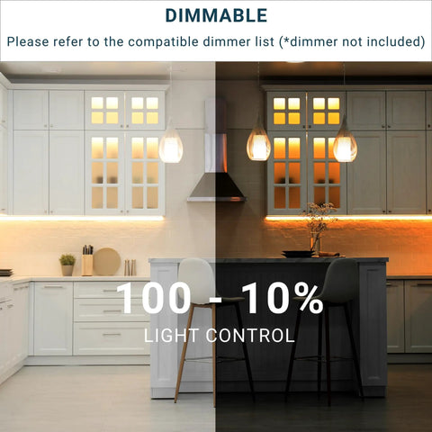 Under Cabinet LED Light Bar 24 Inch 18W 5CCT Color Selectable demonstrating dimmable feature in kitchen setting.
