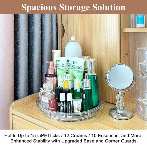 Four Pack Clear Acrylic Lazy Susan Turntable Slick Spin Pantry Organizer For Kitchen Cabinet Spice Rack Vanity Makeup Storage Handles Everyday Clutter Without Any Sweat Or Fuss, with beauty products organized.