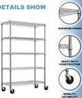 Five Tier Wire Shelving Unit With Wheels Beefy Heavy Duty Metal Storage Rack For Garage And Workshop showcasing details and wheels