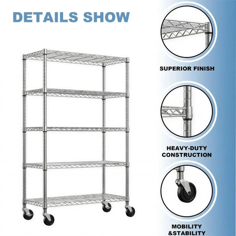Five Tier Wire Shelving Unit With Wheels Beefy Heavy Duty Metal Storage Rack For Garage And Workshop showcasing details and wheels
