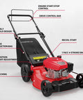 Gas Self Propelled Lawn Mower With 21 Inch Cutting Width 3 In 1 Bagging Mulching Rear Discharge, showing engine and control bar