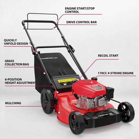 Gas Self Propelled Lawn Mower With 21 Inch Cutting Width 3 In 1 Bagging Mulching Rear Discharge, showing engine and control bar