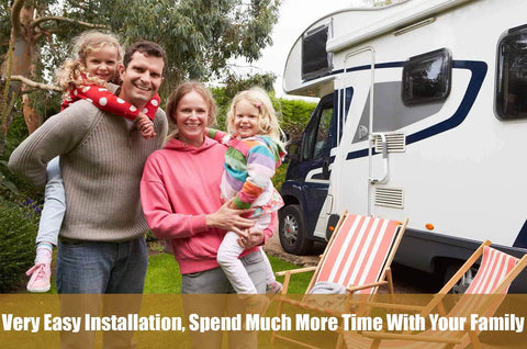 Family standing outside RV camper promoting use of magnesium anode rod for water heaters 9.25 inch length 3/4 inch NPT for tanks