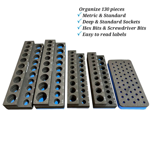All In One Socket Organizer For 1/4 And 3/8 Drives With SAE And Metric Sizes, Deep And Standard Sockets, Includes A 50 Bit Hex Holder